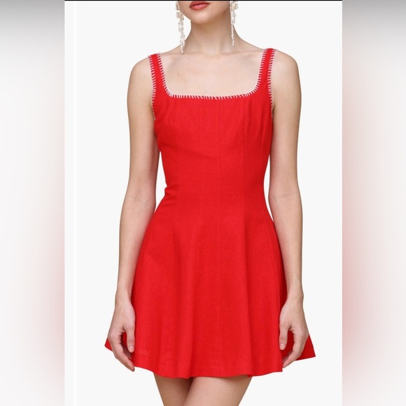 Avec Les Filles Blanket Stitch Linen Blend Fit & Flare Mini Dress Red NWT S - Picture 1 of 9